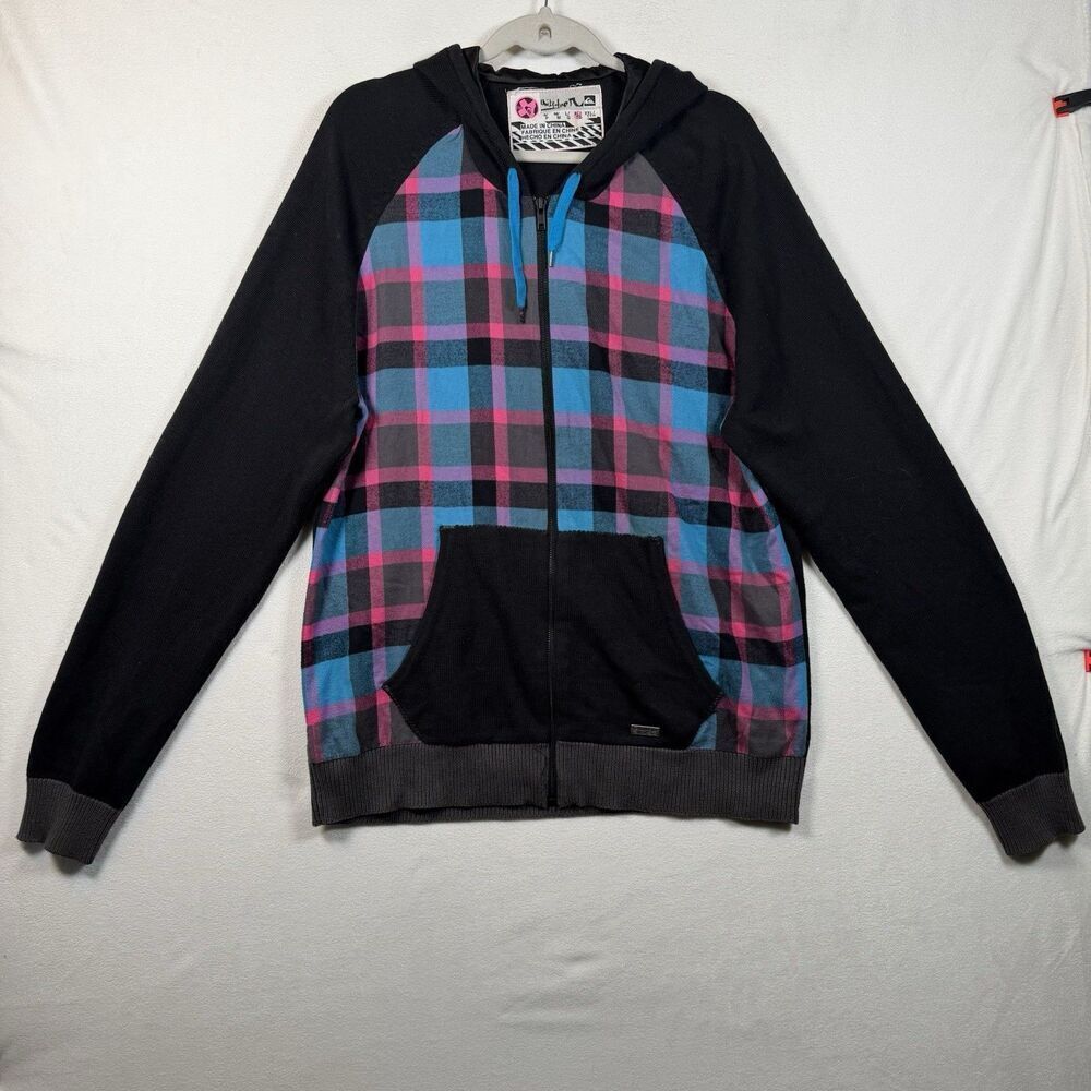 Quiksilver Hoodie Jacket XL Plaid Full Zip Hooded Surf Skate Cotton Blend Black